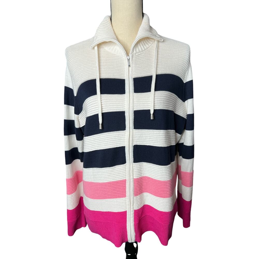 Christopher & Banks Women's Cardigan Sweater Blue White Pink Stripes Size M